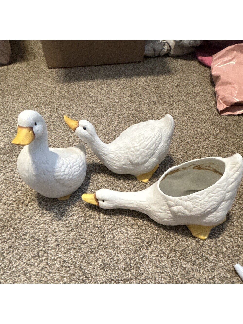 MIC Ceramic Duck Figurines Set of 3 Hand Painted White/Yellow Planter No.3012